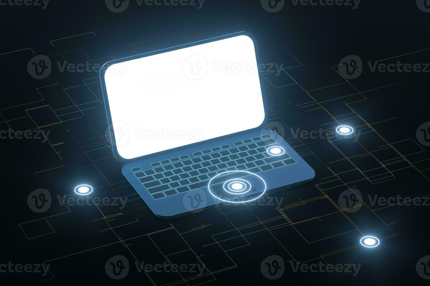 Laptop with black background, technological concept, 3d rendering. photo