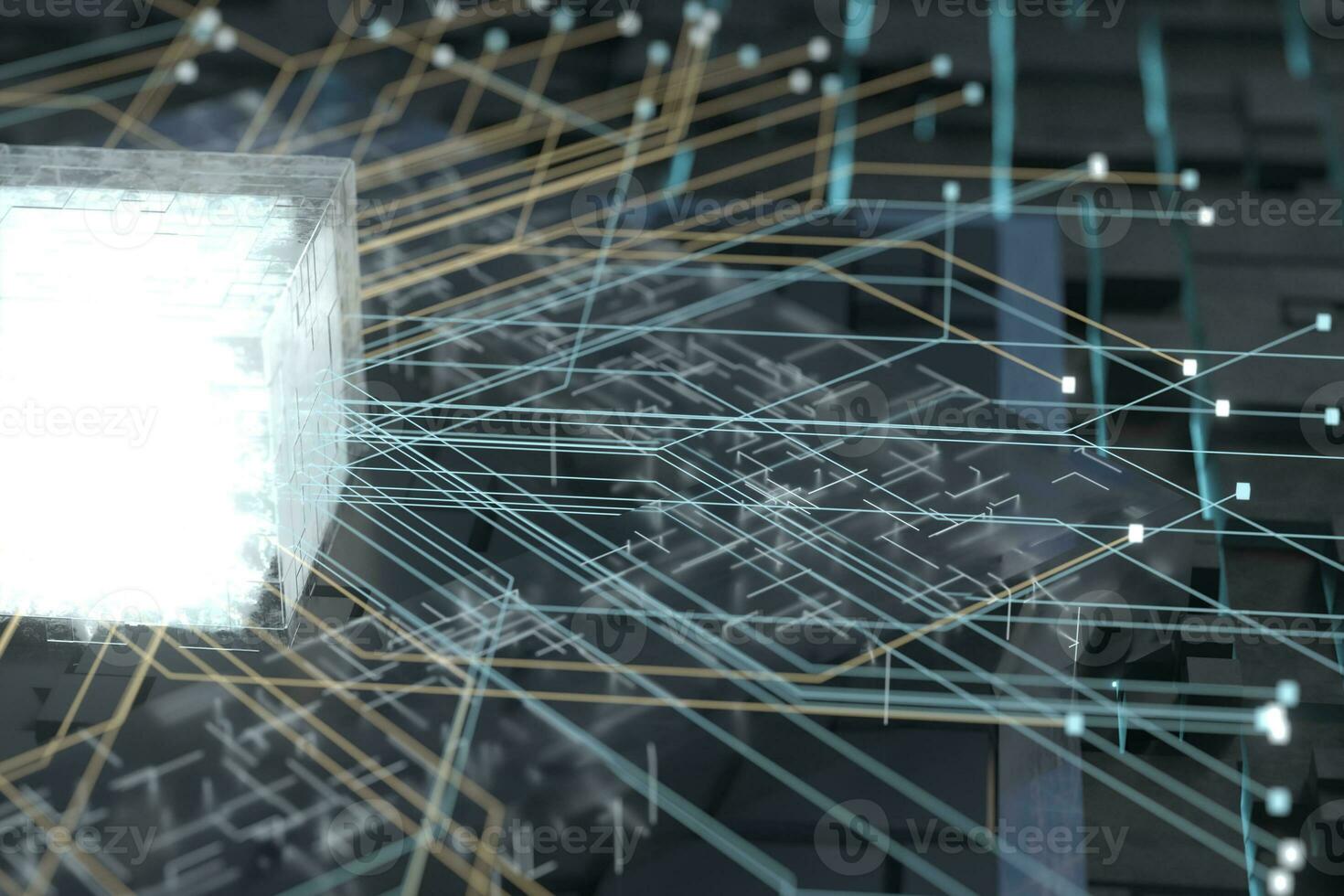 Luminous cube and circuits, black cubes, 3d rendering. photo