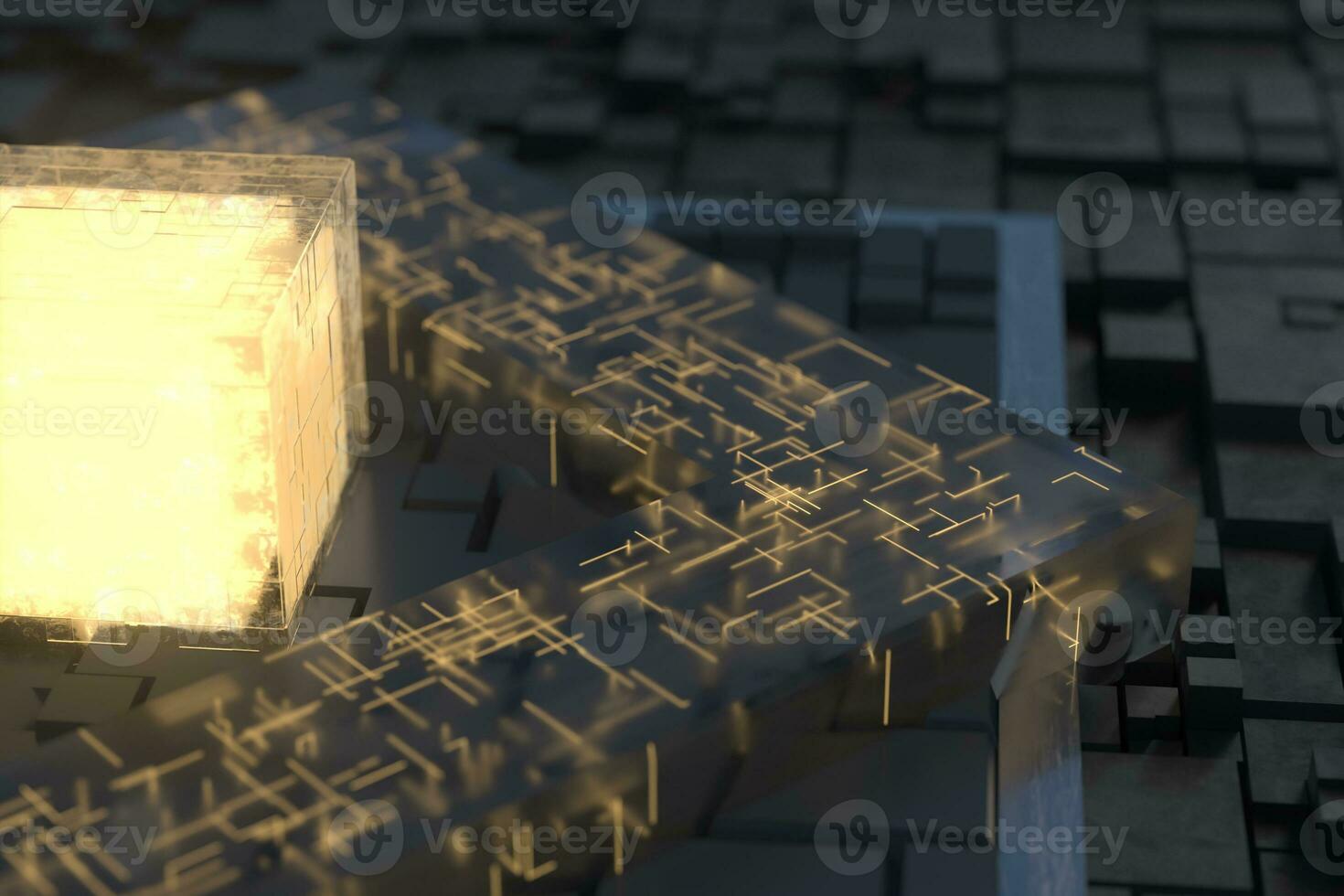 Luminous cube and circuits, black cubes, 3d rendering. photo