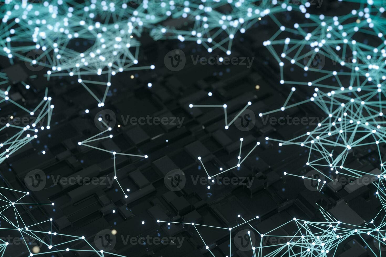 Circuit board with glowing cube and lines, 3d rendering. photo