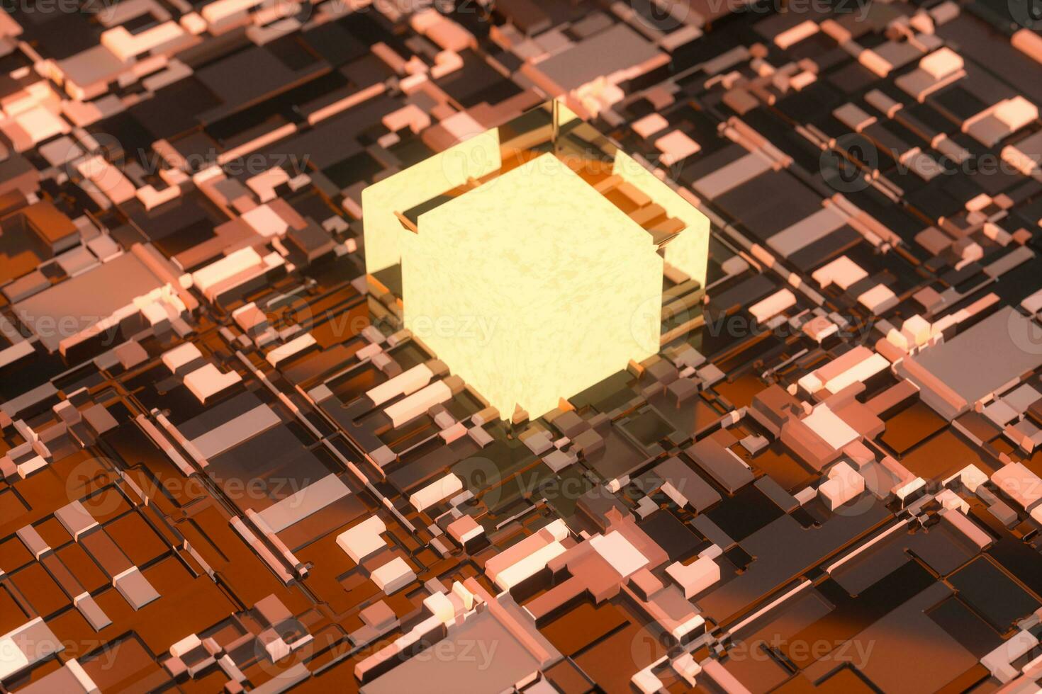 Circuit board with glowing cube and lines, 3d rendering. photo