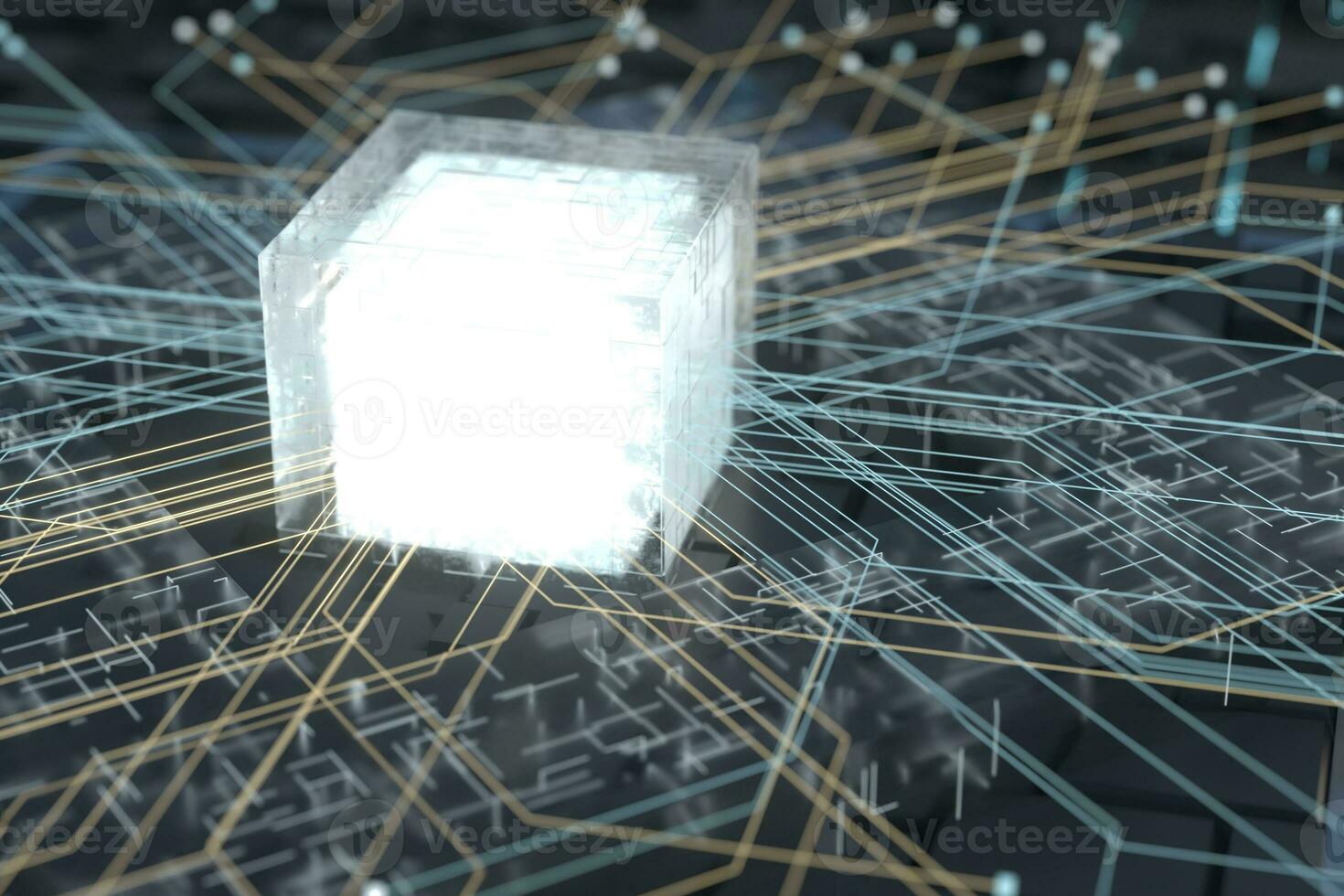 Luminous cube and circuits, black cubes, 3d rendering. photo