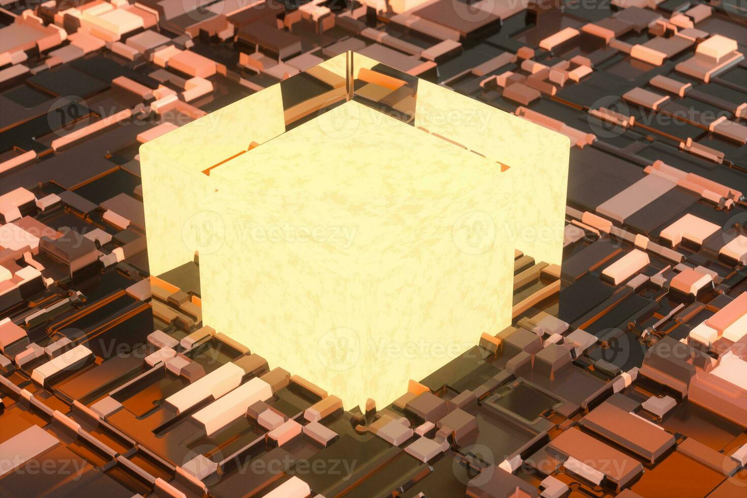 Circuit board with glowing cube and lines, 3d rendering. photo