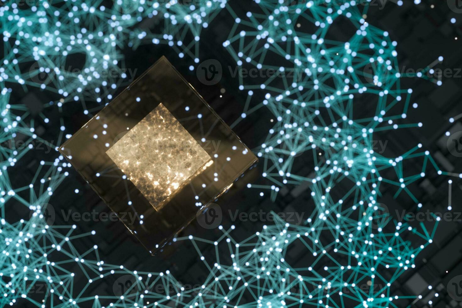 Circuit board with glowing cube and lines, 3d rendering. photo