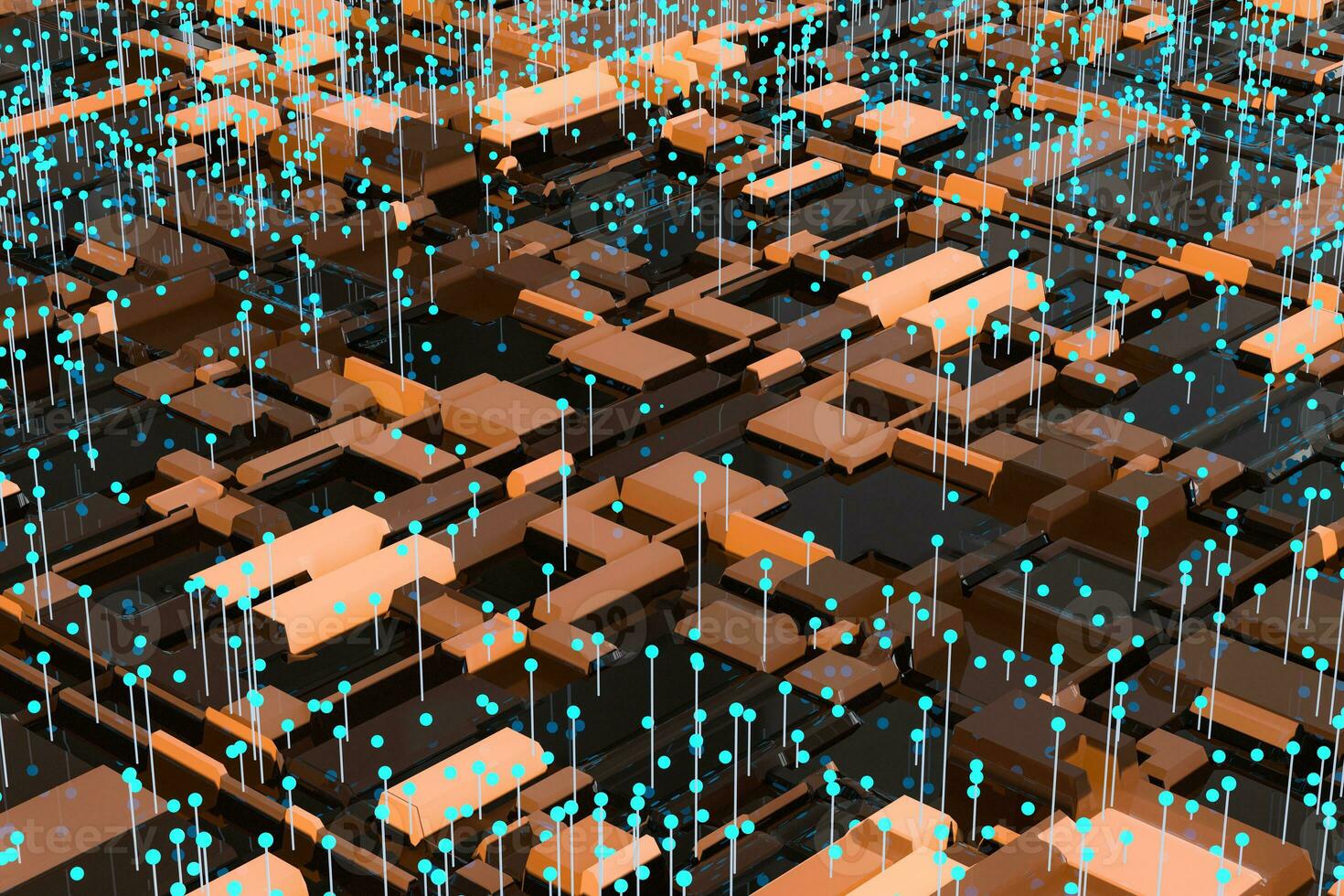 Circuit board with glowing cube and lines, 3d rendering. photo