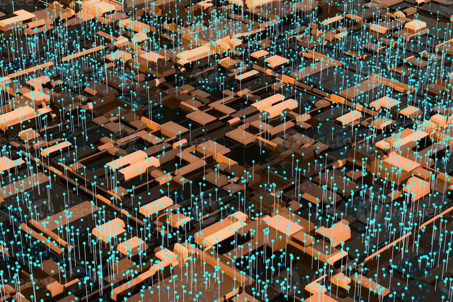 Circuit board with glowing cube and lines, 3d rendering. photo