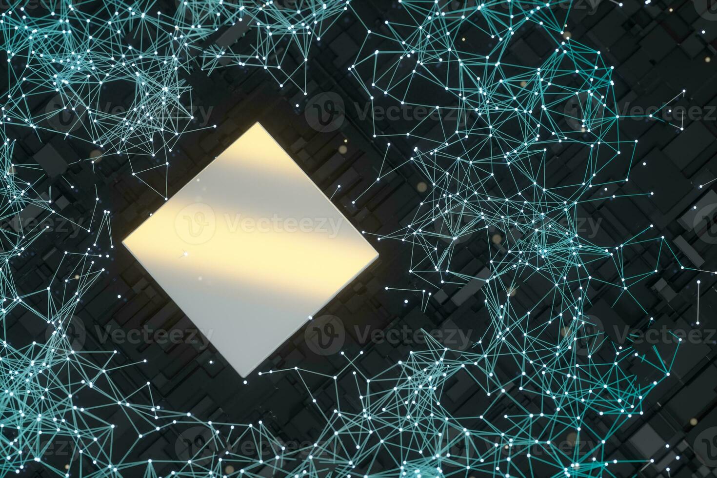 Circuit board with glowing cube and lines, 3d rendering. photo