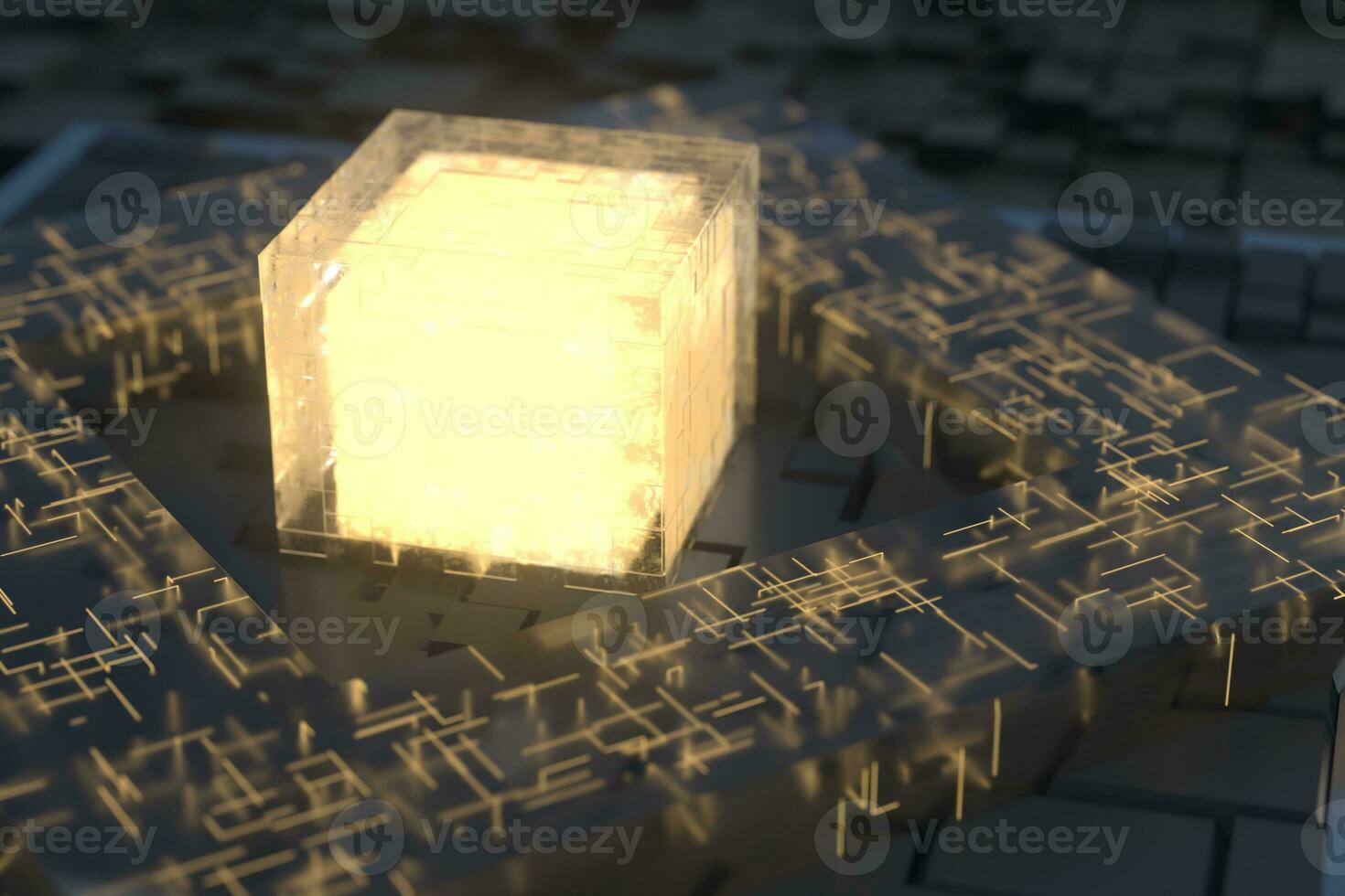 Luminous cube and circuits, black cubes, 3d rendering. photo