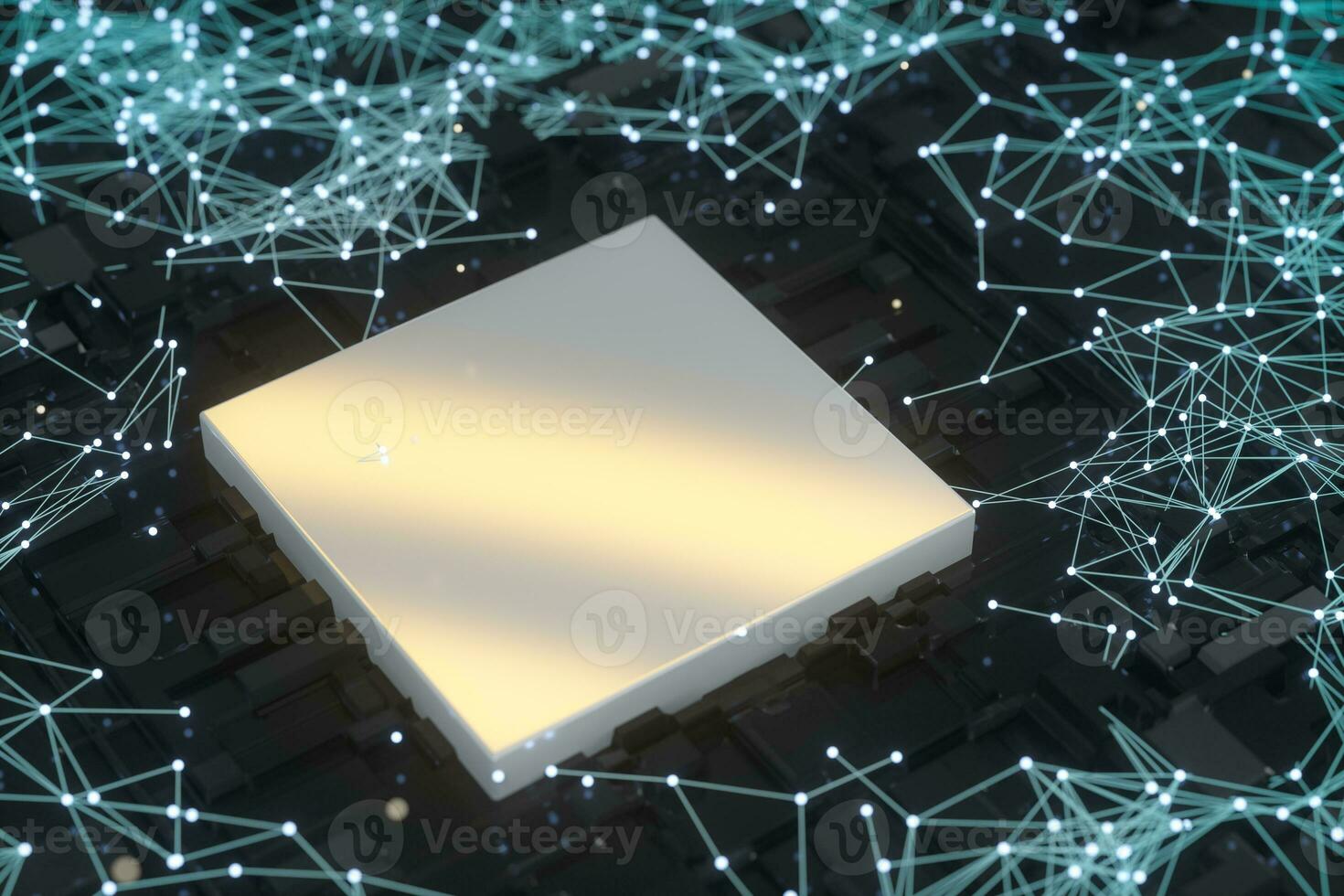 Circuit board with glowing cube and lines, 3d rendering. photo