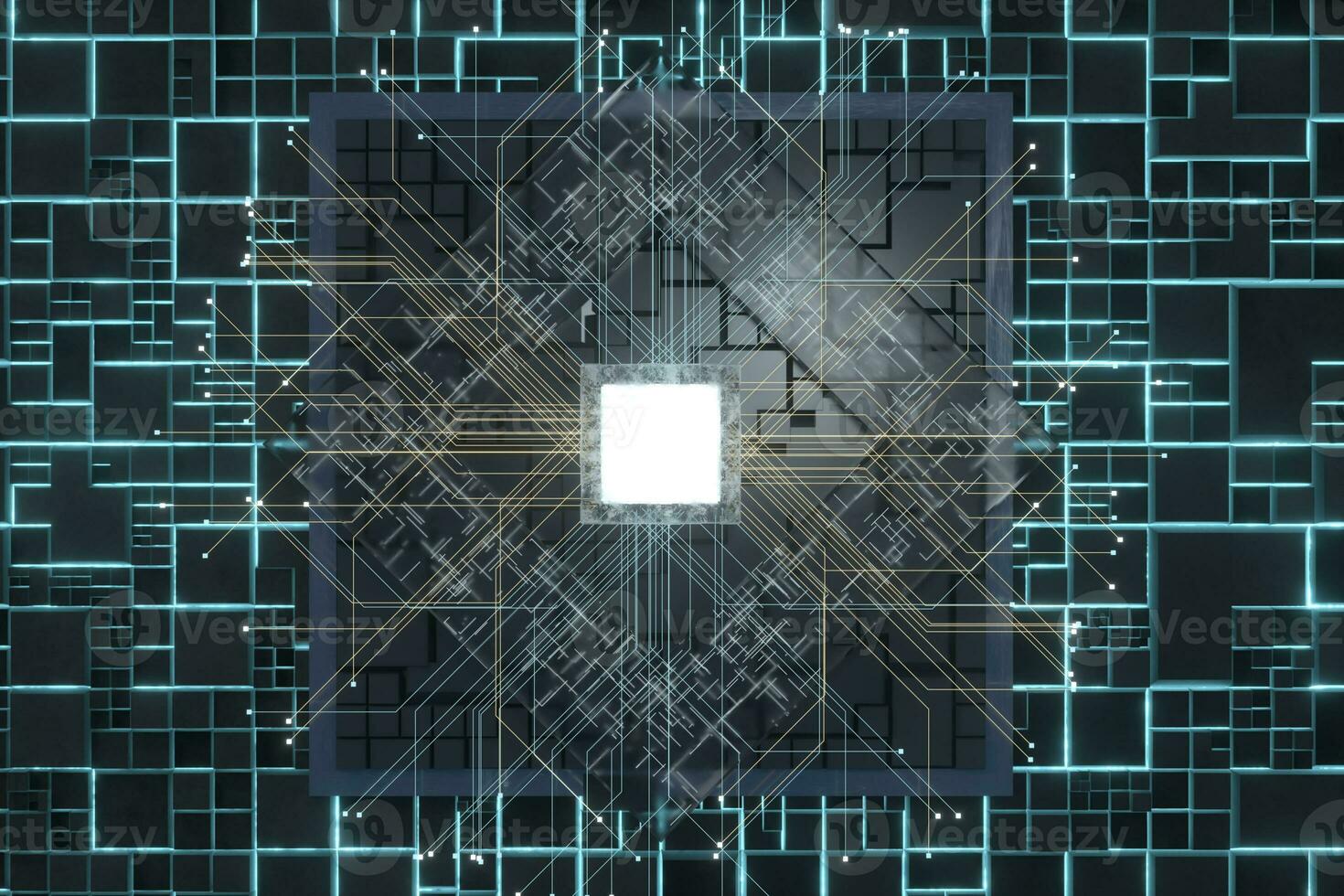 Luminous cube and circuits, black cubes, 3d rendering. photo