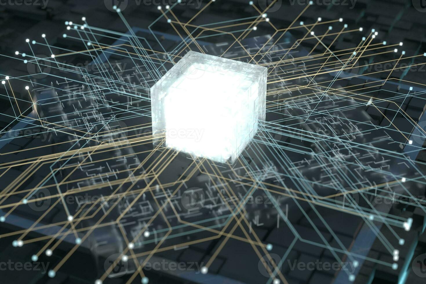 Luminous cube and circuits, black cubes, 3d rendering. photo