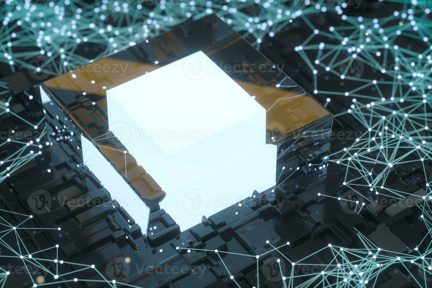 Circuit board with glowing cube and lines, 3d rendering. photo