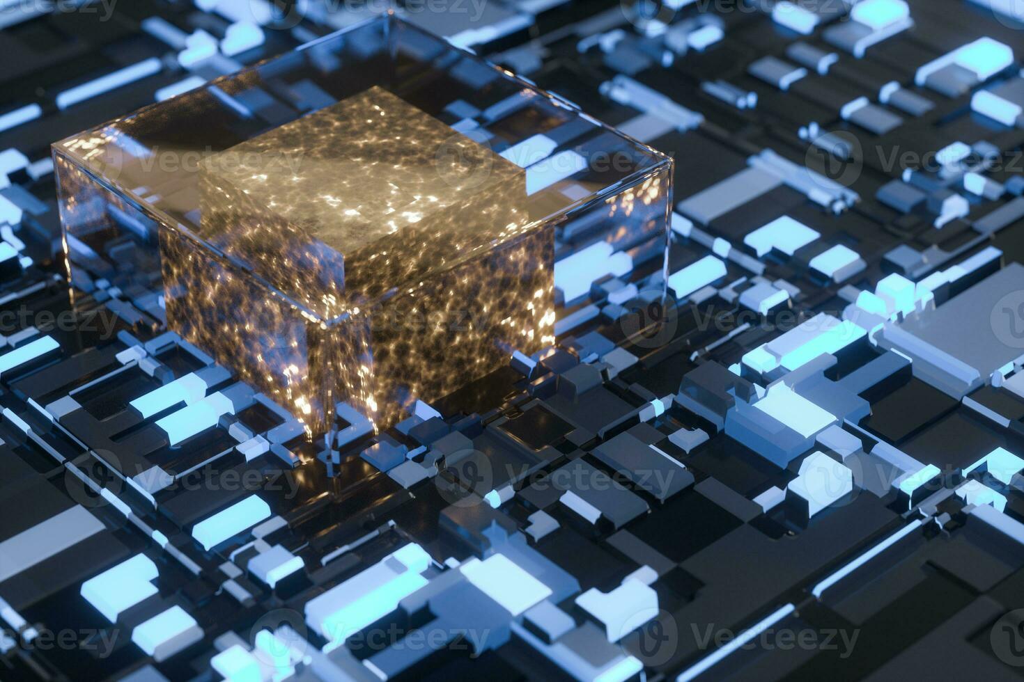 Circuit board with glowing cube and lines, 3d rendering. photo