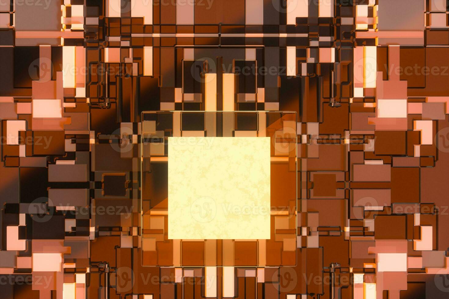 circuito tablero con brillante cubo y líneas, 3d representación. foto