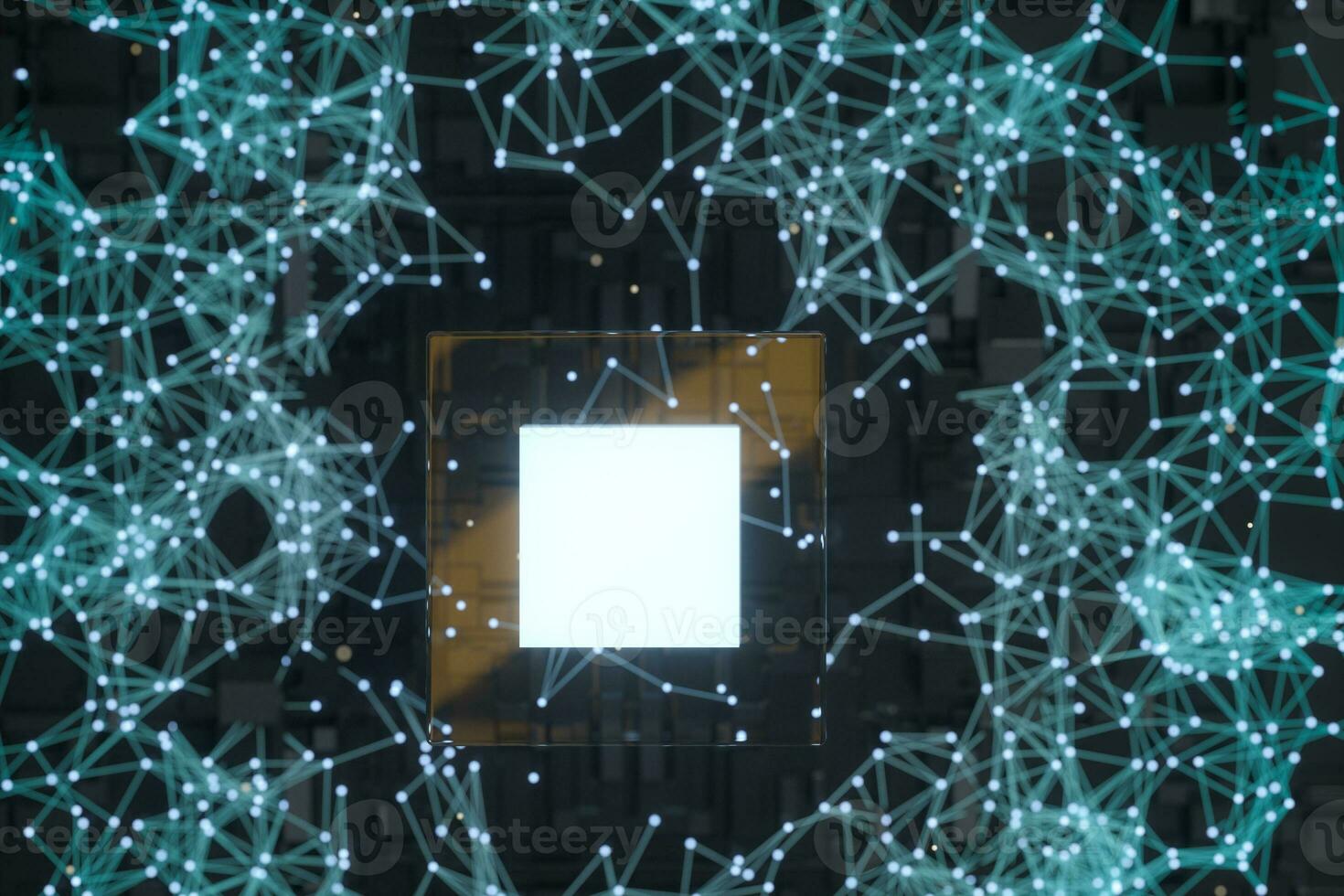 Circuit board with glowing cube and lines, 3d rendering. photo