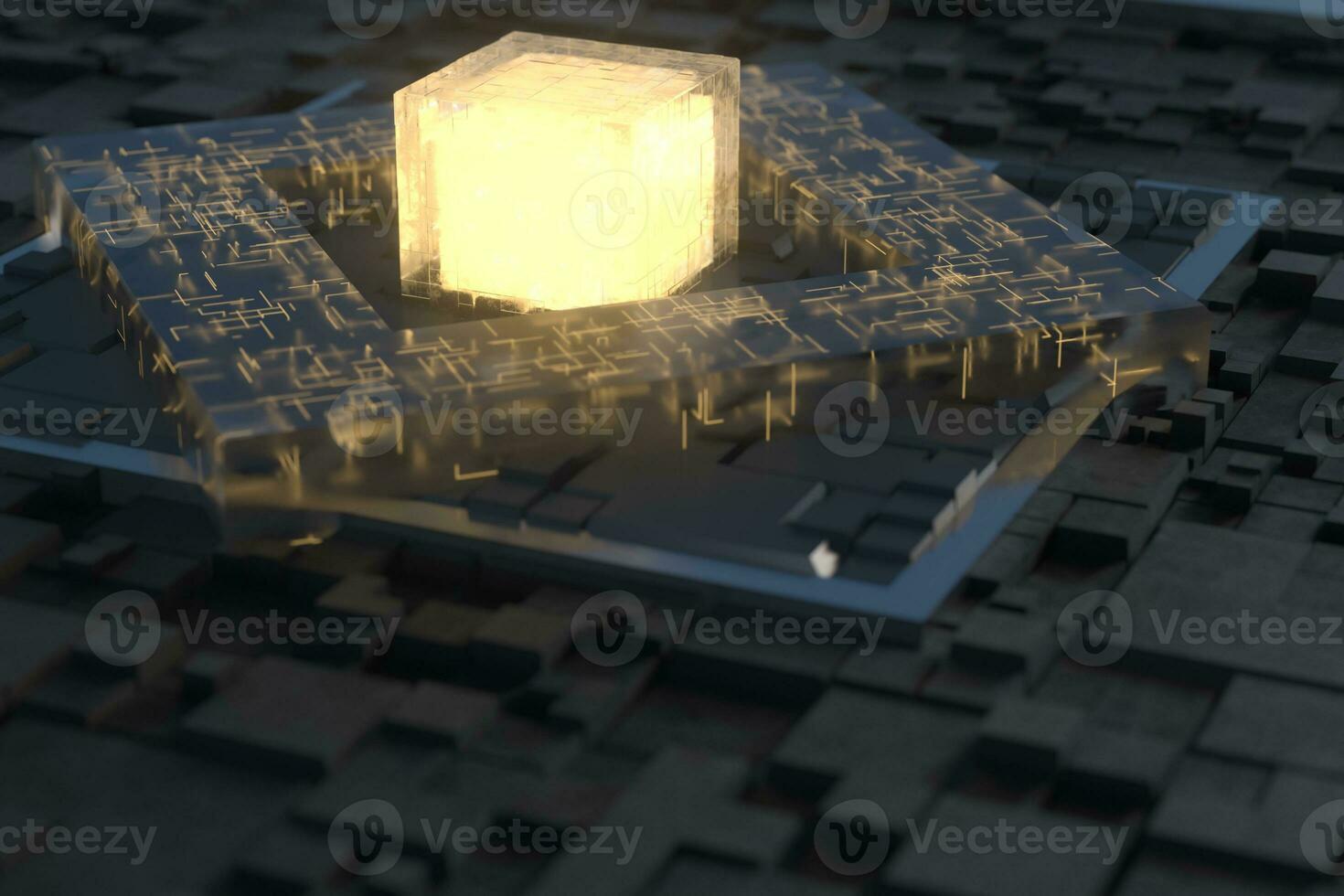 luminoso cubo y circuitos, negro cubitos, 3d representación. foto