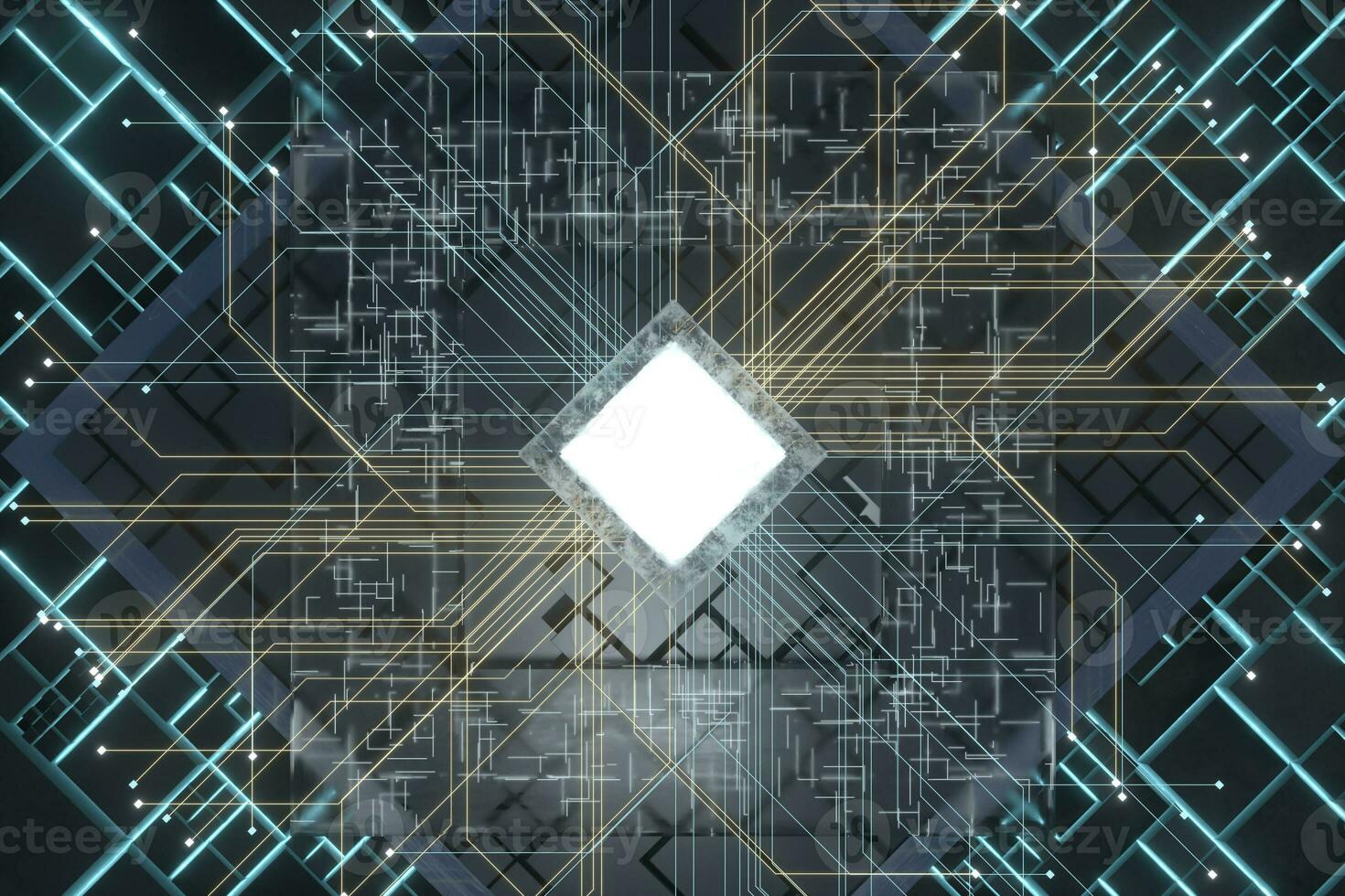 Luminous cube and circuits, black cubes, 3d rendering. photo
