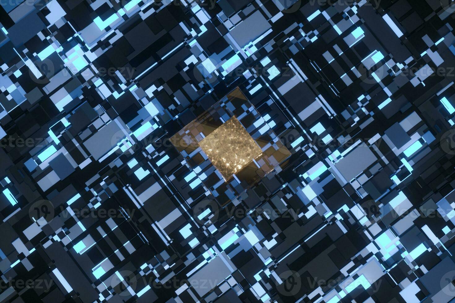 Circuit board with glowing cube and lines, 3d rendering. photo
