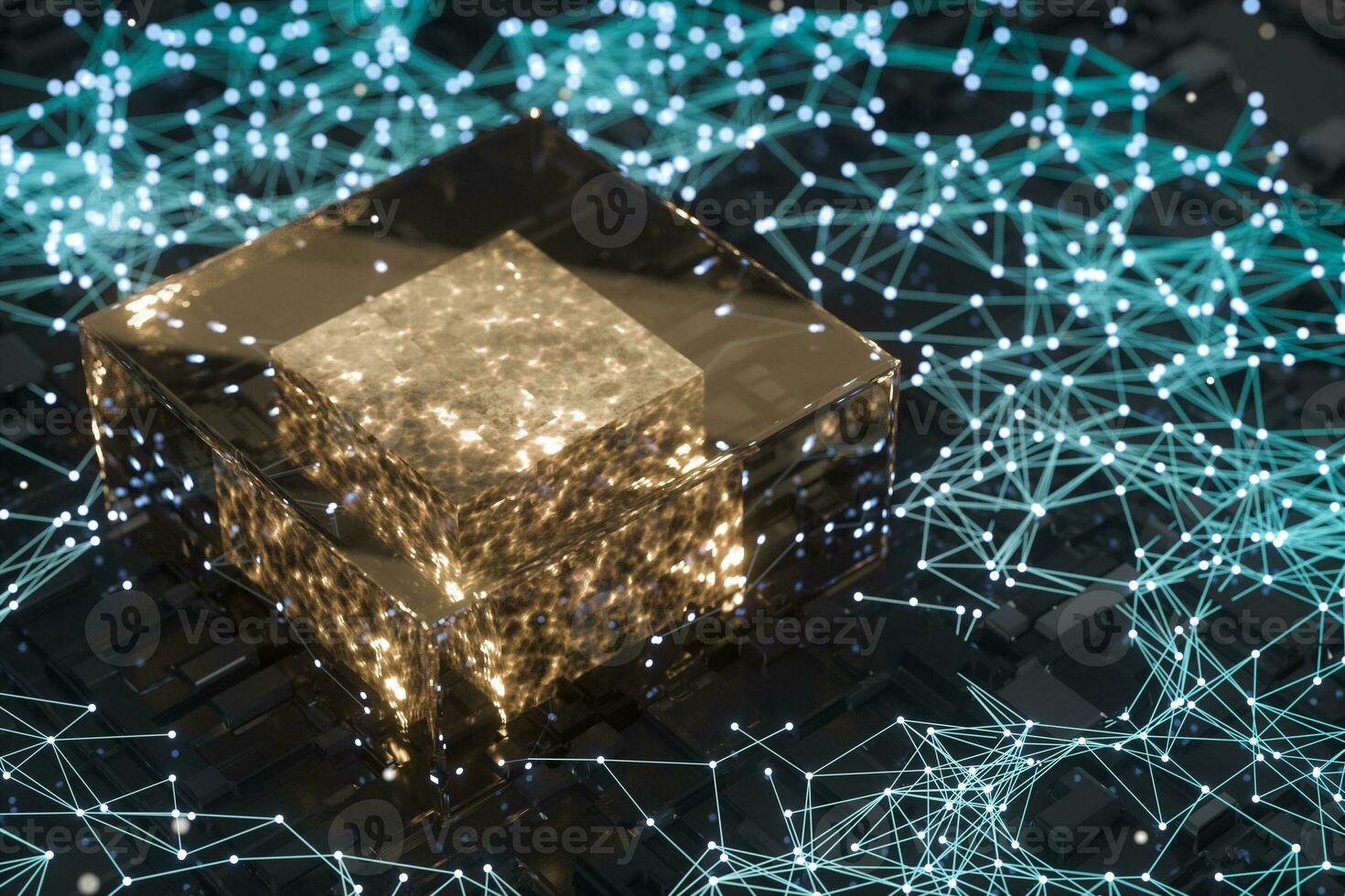 Circuit board with glowing cube and lines, 3d rendering. photo