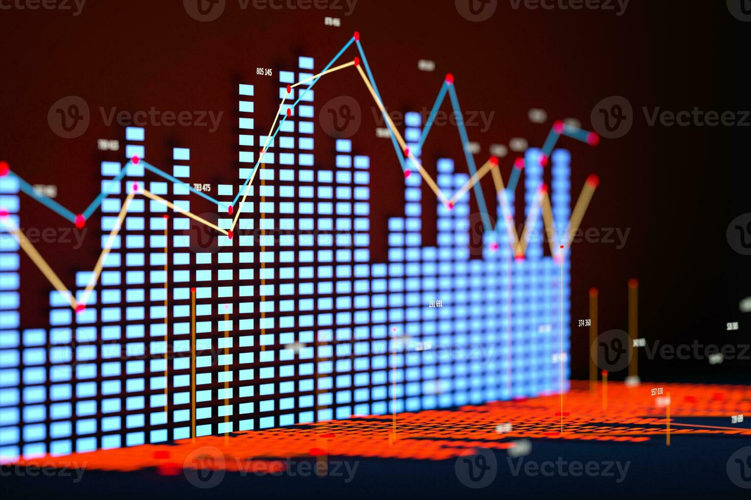 Business chart with line graph, bar chart and numbers on dark background, 3d rendering photo