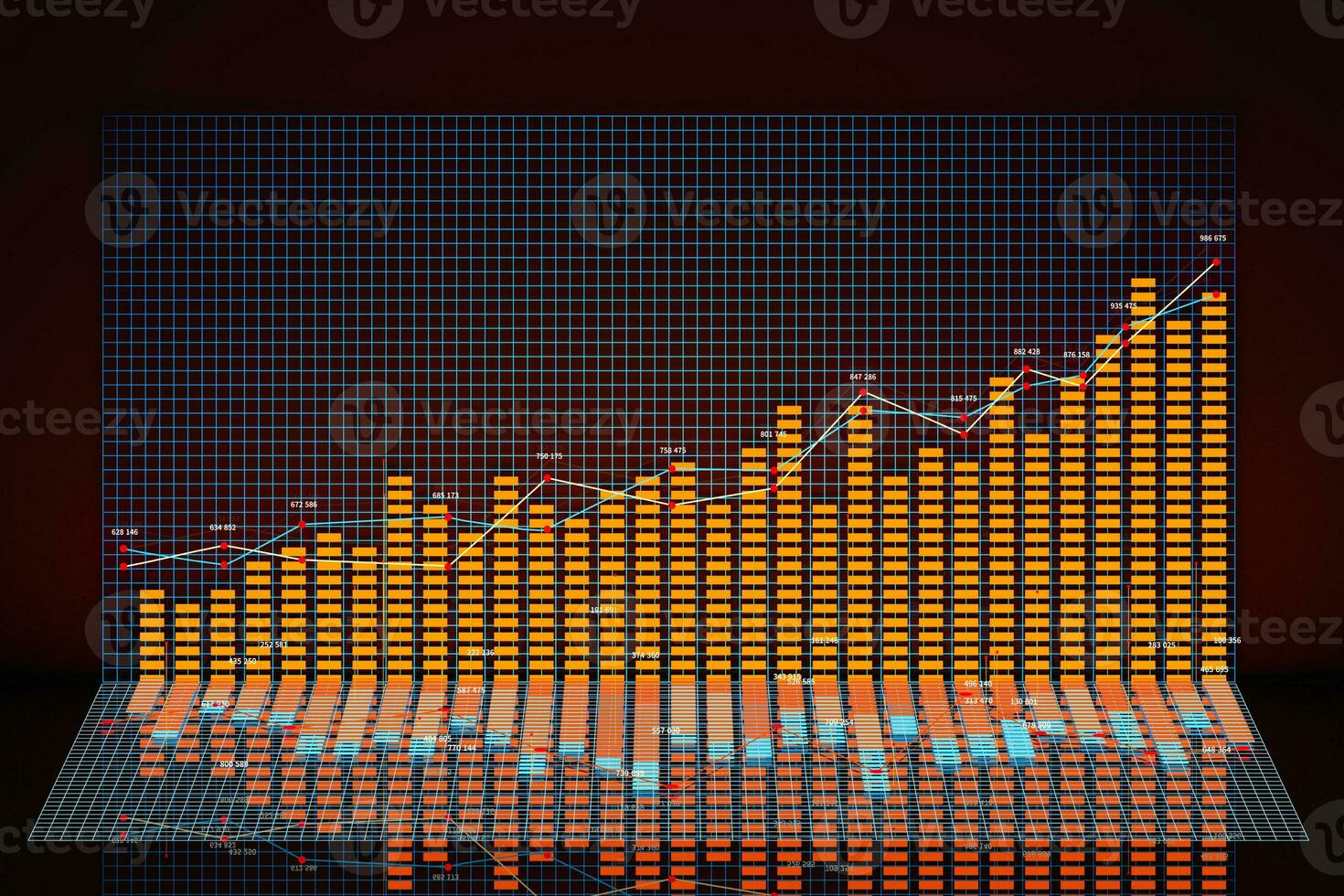 Business chart with line graph, bar chart and numbers on dark background, 3d rendering photo