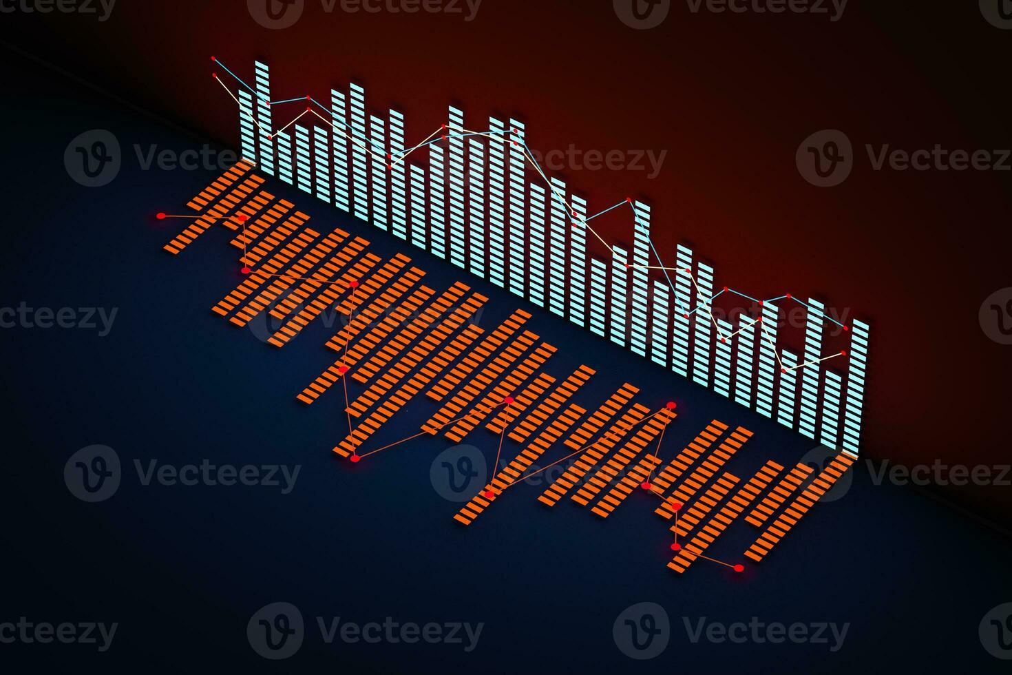 Business chart with line graph, bar chart and numbers on dark background, 3d rendering photo