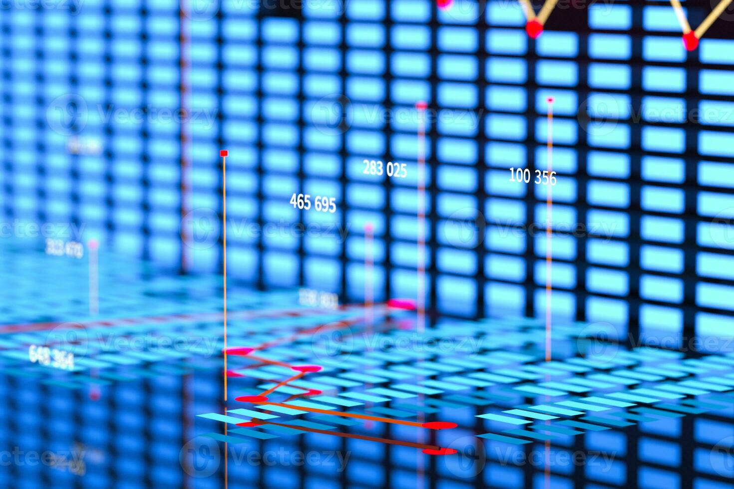 Business chart with line graph, bar chart and numbers on dark background, 3d rendering photo