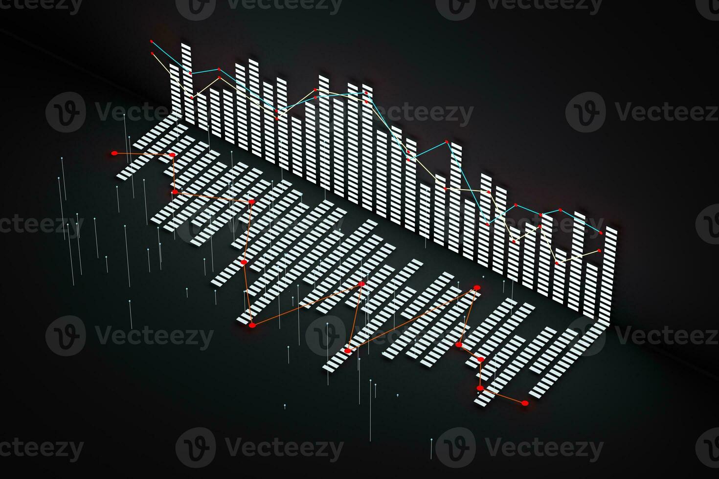 Business chart with line graph, bar chart and numbers on dark background, 3d rendering photo