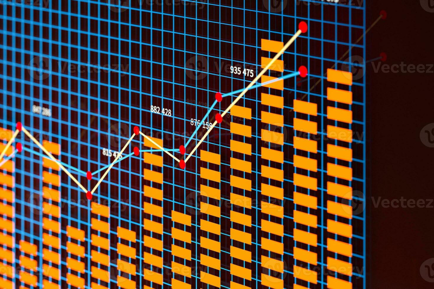 Business chart with line graph, bar chart and numbers on dark background, 3d rendering photo