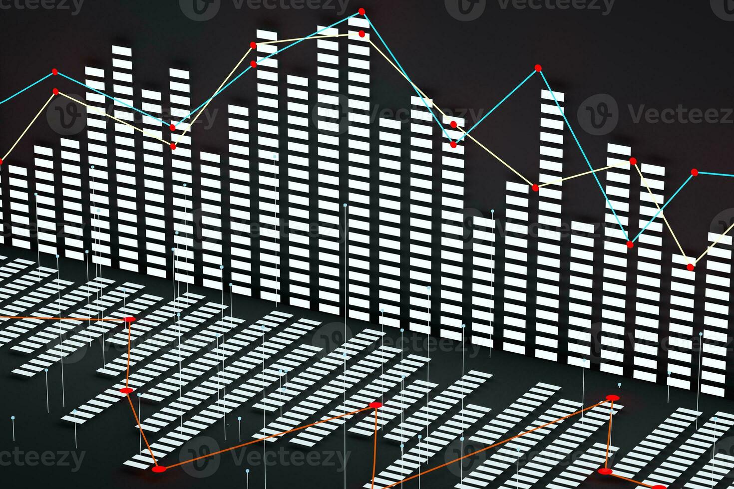 Business chart with line graph, bar chart and numbers on dark background, 3d rendering photo