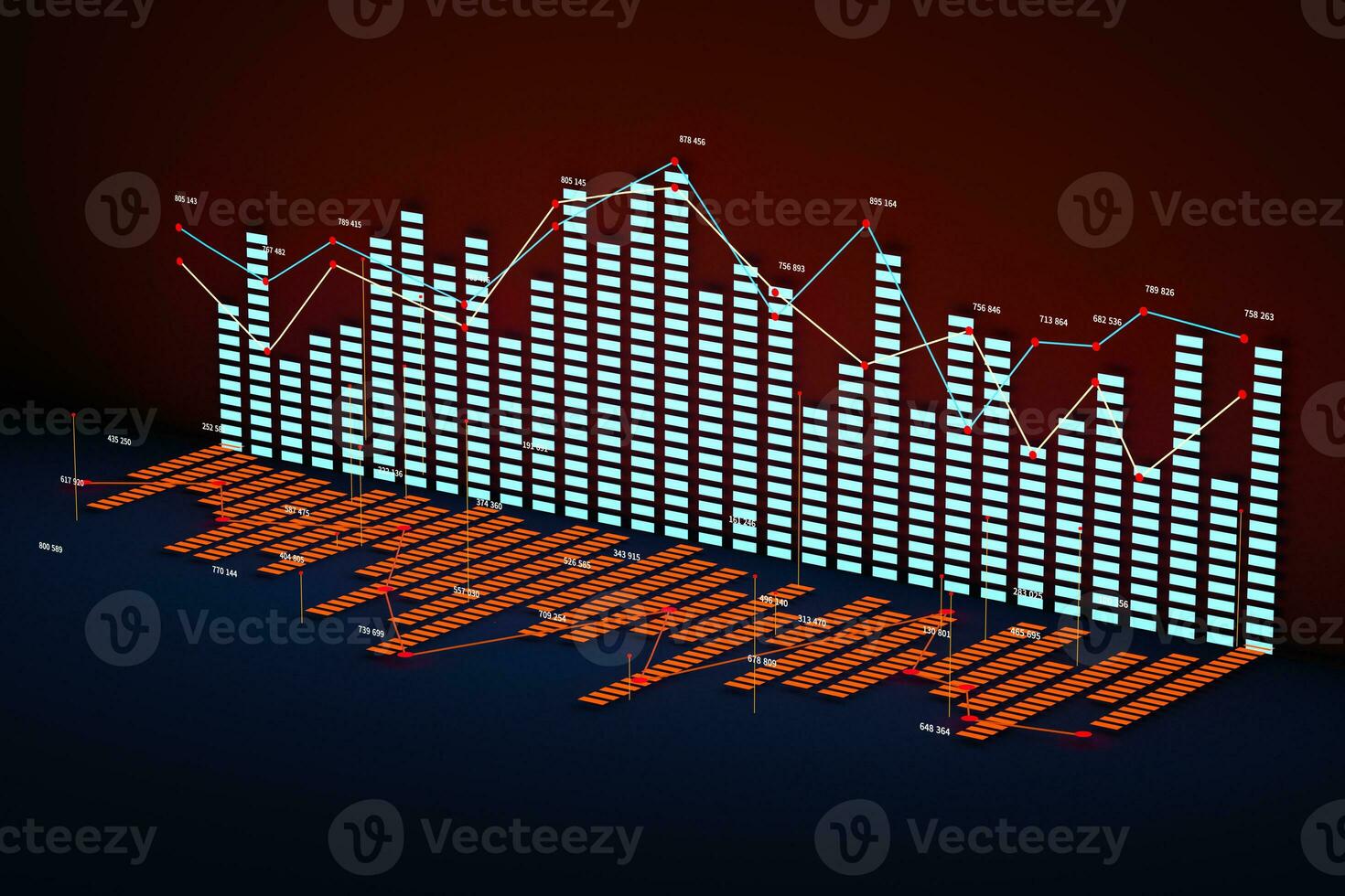 Business chart with line graph, bar chart and numbers on dark background, 3d rendering photo
