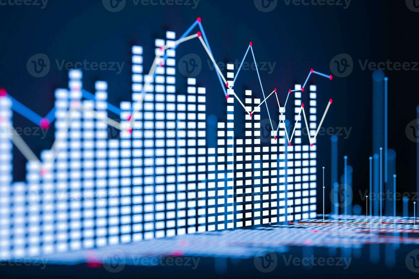 Business chart with line graph, bar chart and numbers on dark background, 3d rendering photo