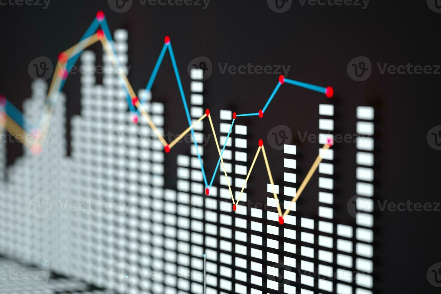 Business chart with line graph, bar chart and numbers on dark background, 3d rendering photo