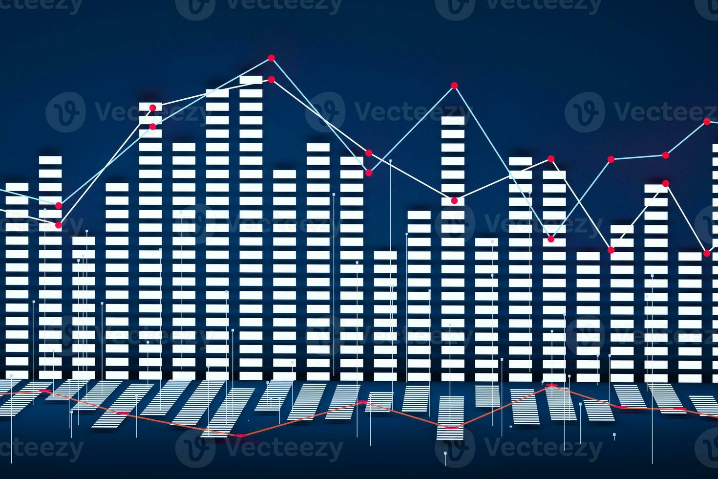 Business chart with line graph, bar chart and numbers on dark background, 3d rendering photo