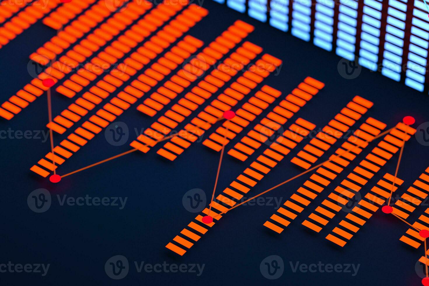 Business chart with line graph, bar chart and numbers on dark background, 3d rendering photo