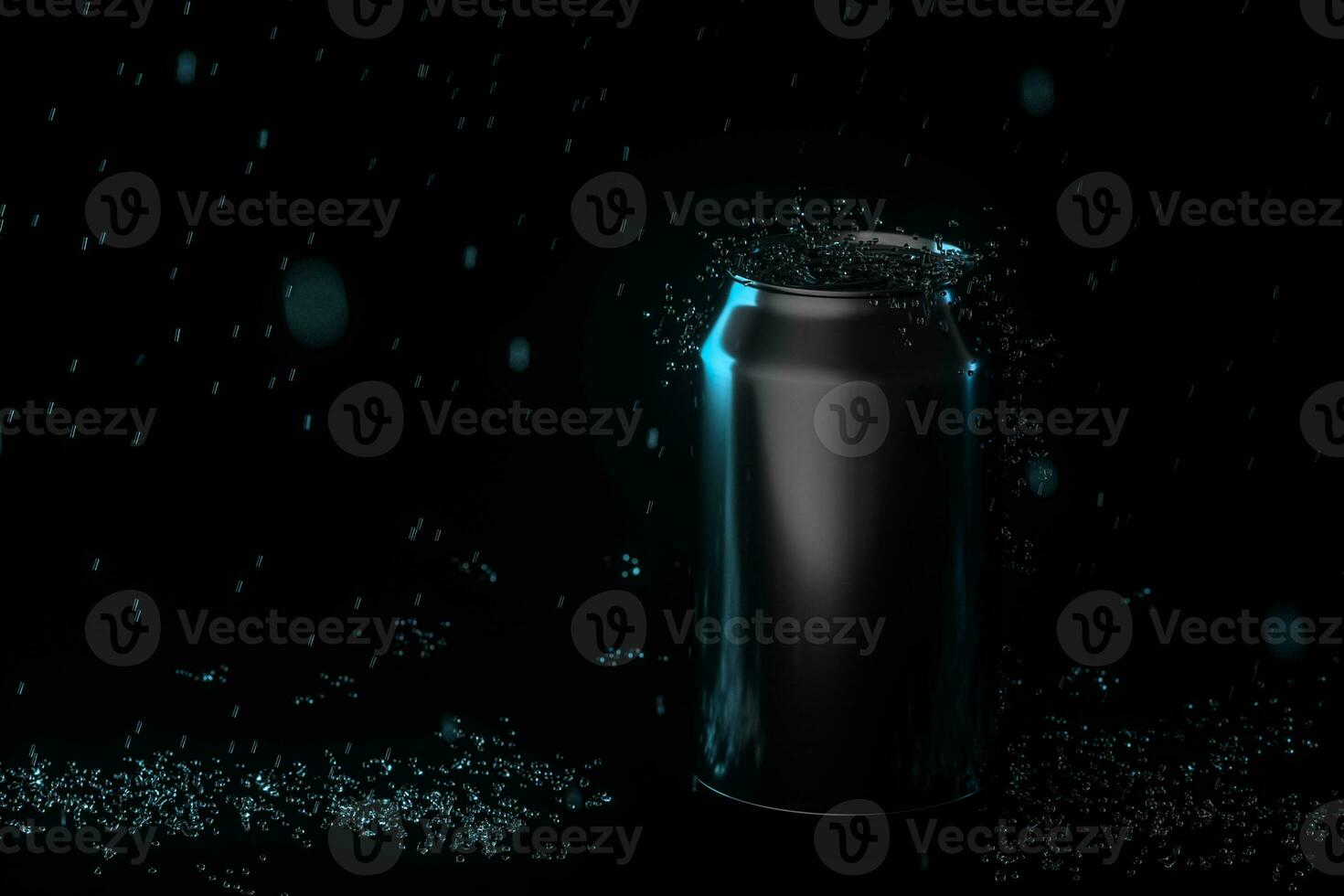 The rain drops fell on cans, cans with dark background, 3d rendering. photo