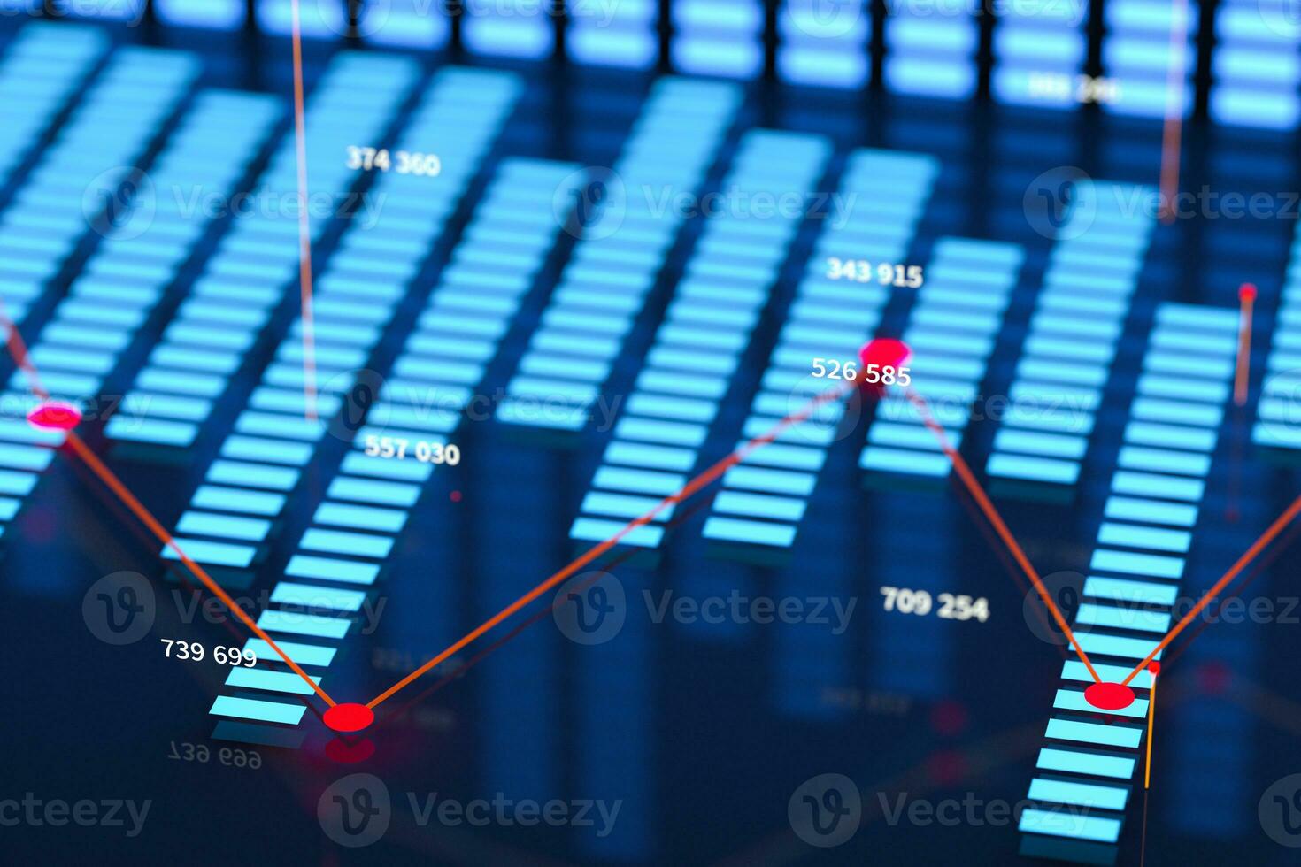 Business chart with line graph, bar chart and numbers on dark background, 3d rendering photo