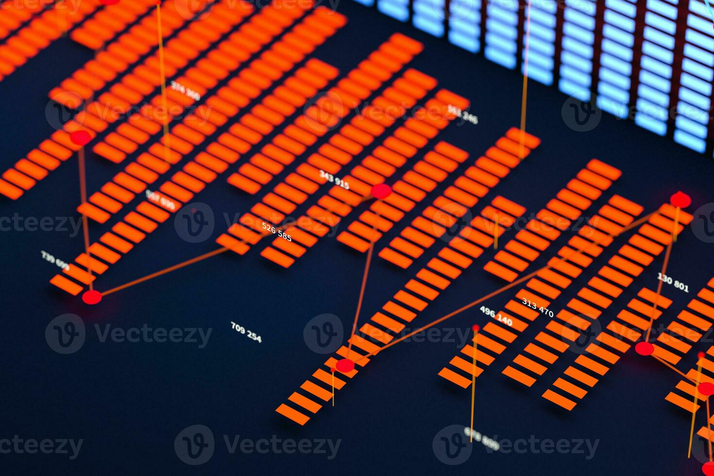 Business chart with line graph, bar chart and numbers on dark background, 3d rendering photo