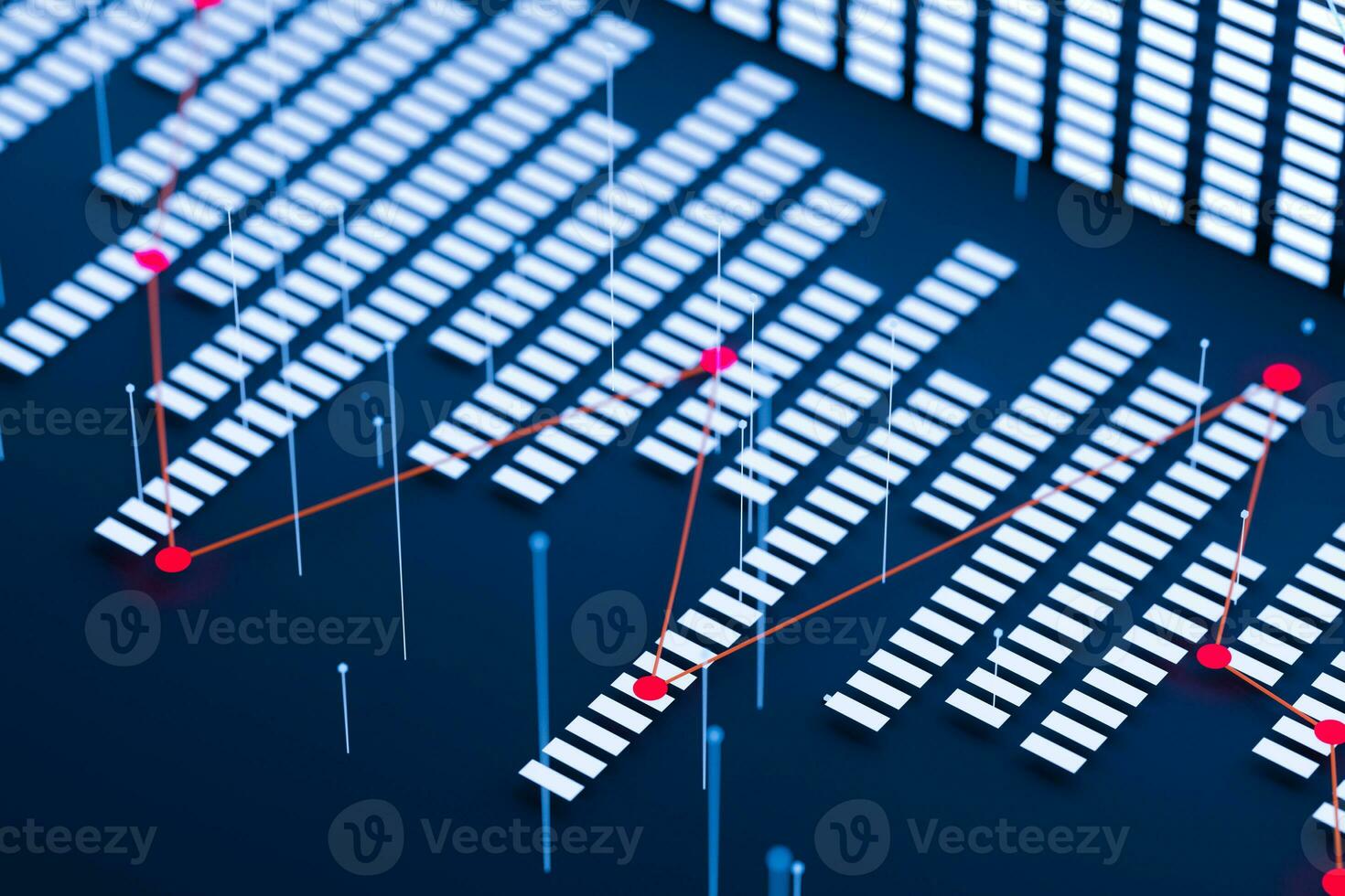 Business chart with line graph, bar chart and numbers on dark background, 3d rendering photo