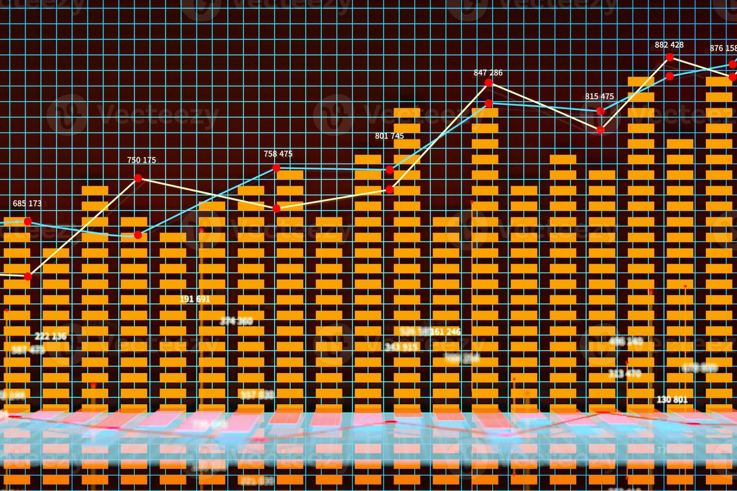 Business chart with line graph, bar chart and numbers on dark background, 3d rendering photo