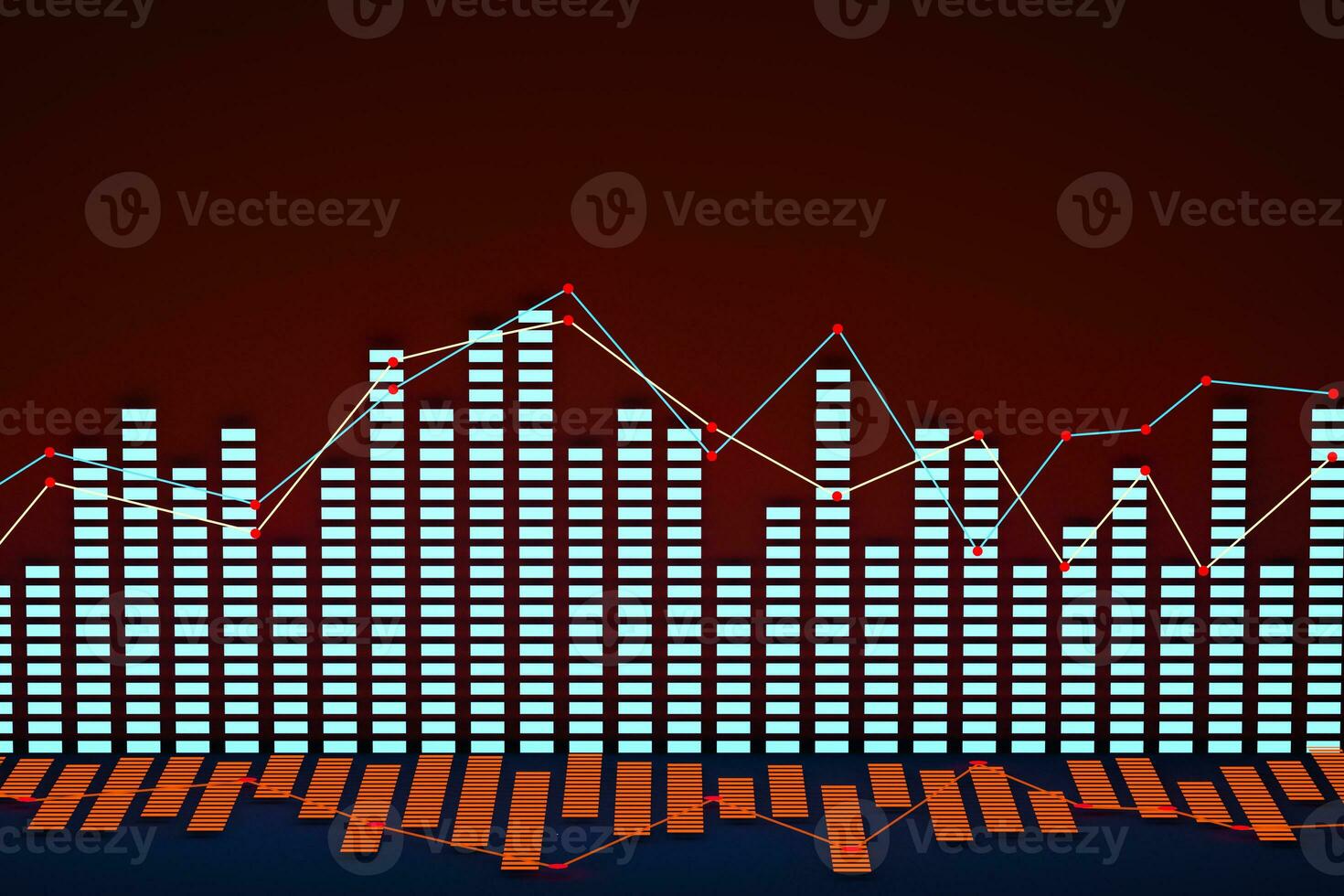 Business chart with line graph, bar chart and numbers on dark background, 3d rendering photo