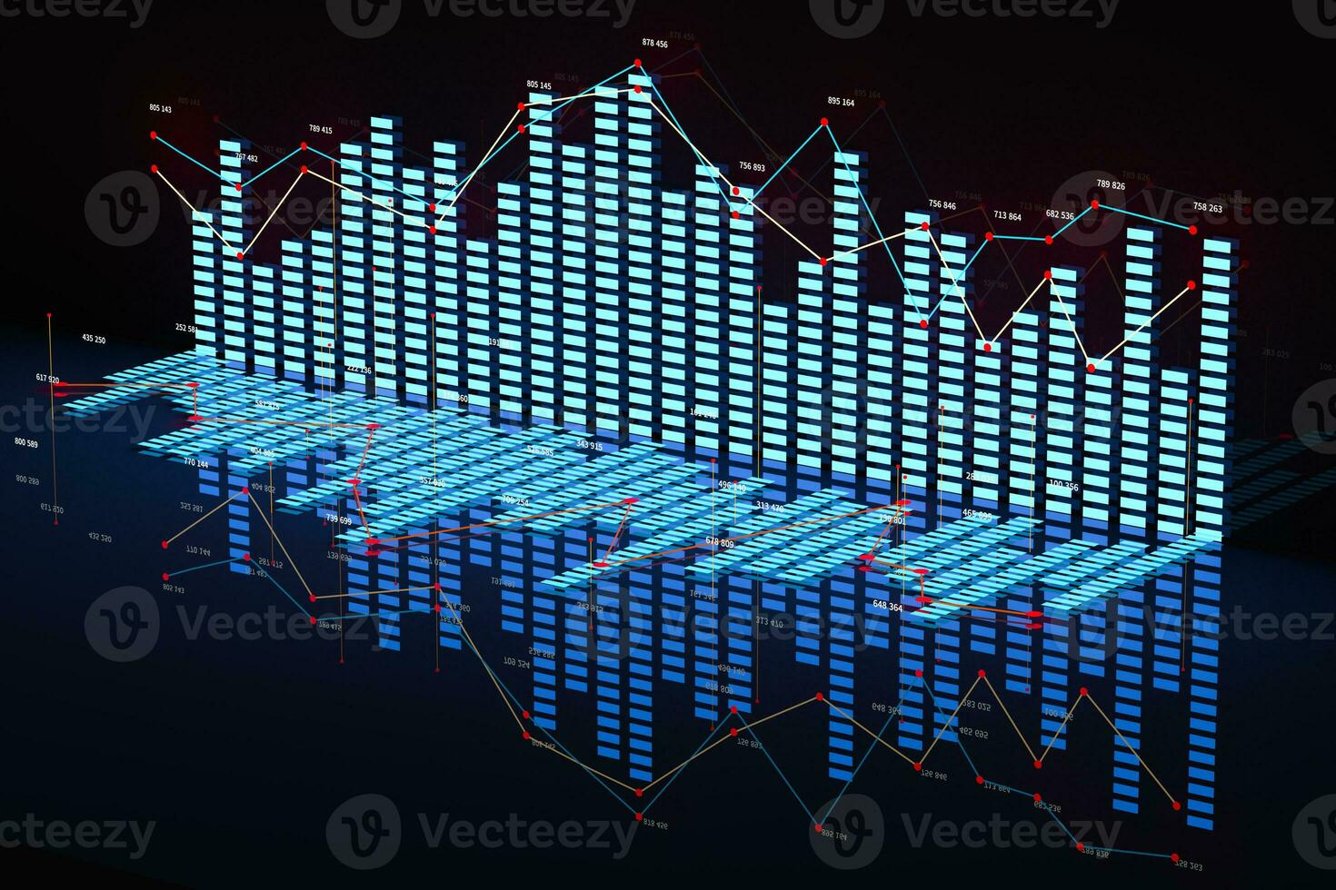 Business chart with line graph, bar chart and numbers on dark background, 3d rendering photo