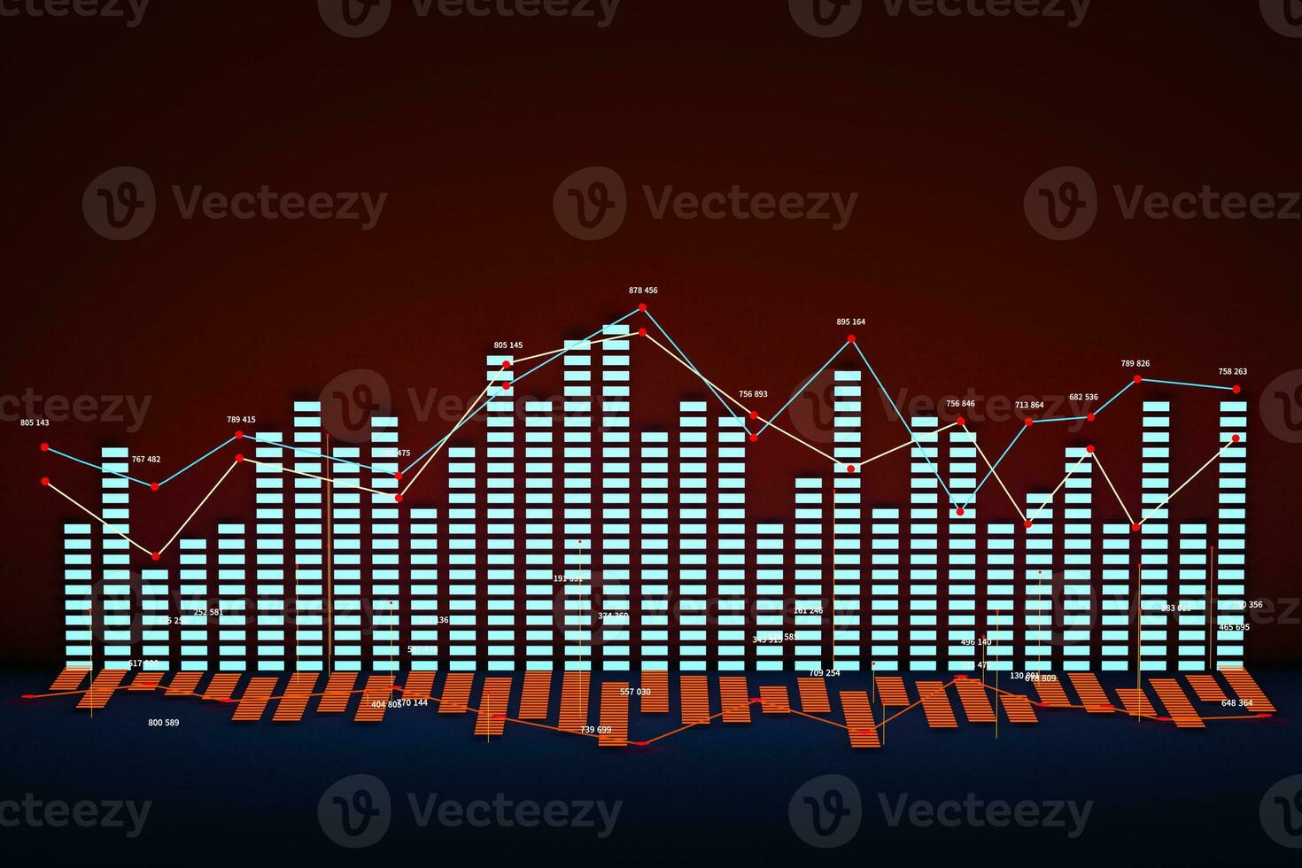 Business chart with line graph, bar chart and numbers on dark background, 3d rendering photo