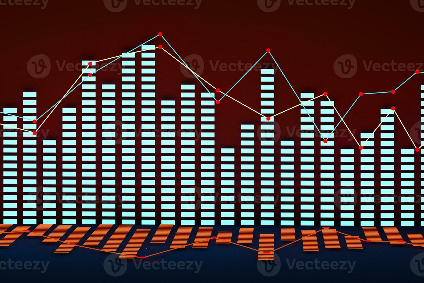 Business chart with line graph, bar chart and numbers on dark background, 3d rendering photo