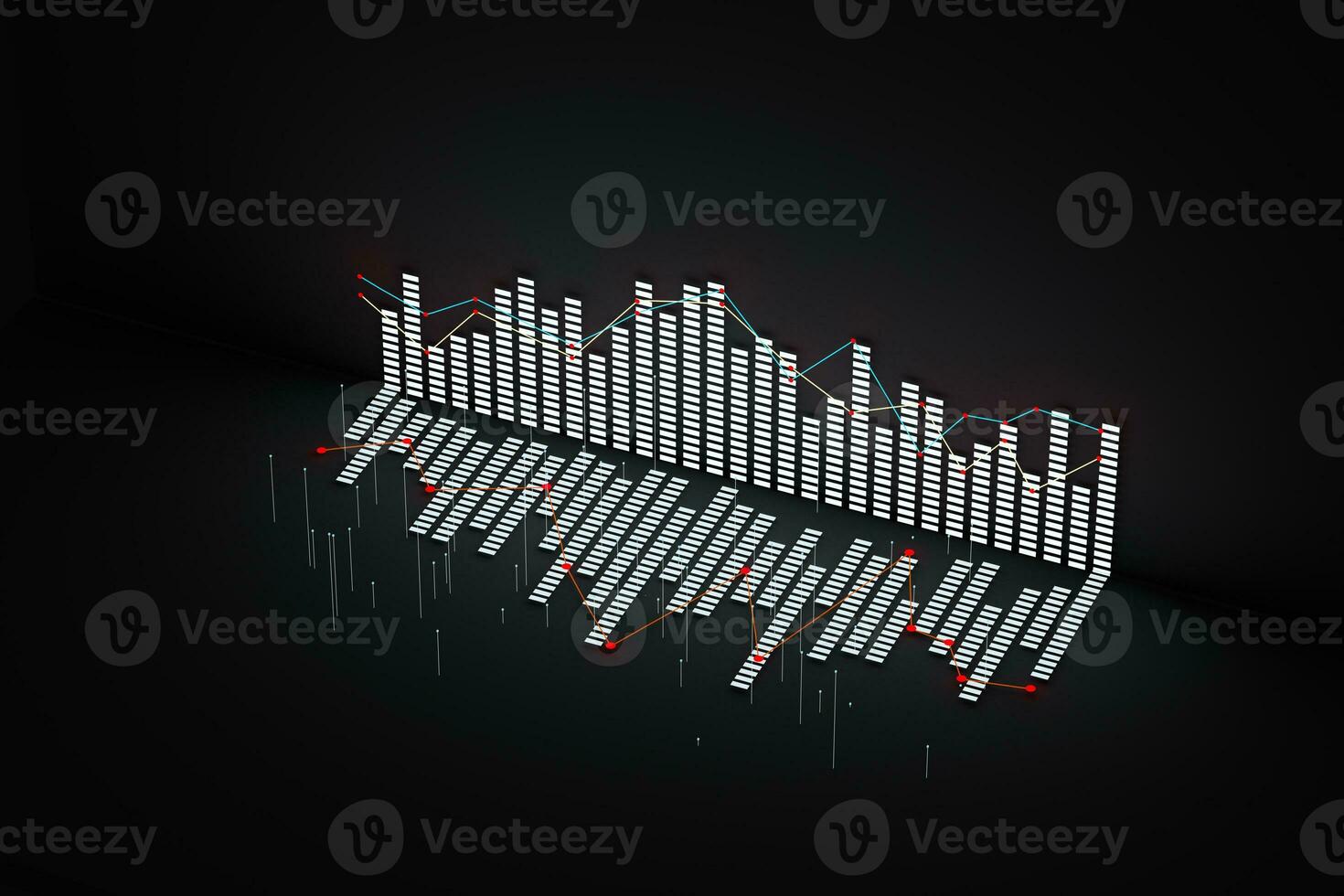 Business chart with line graph, bar chart and numbers on dark background, 3d rendering photo