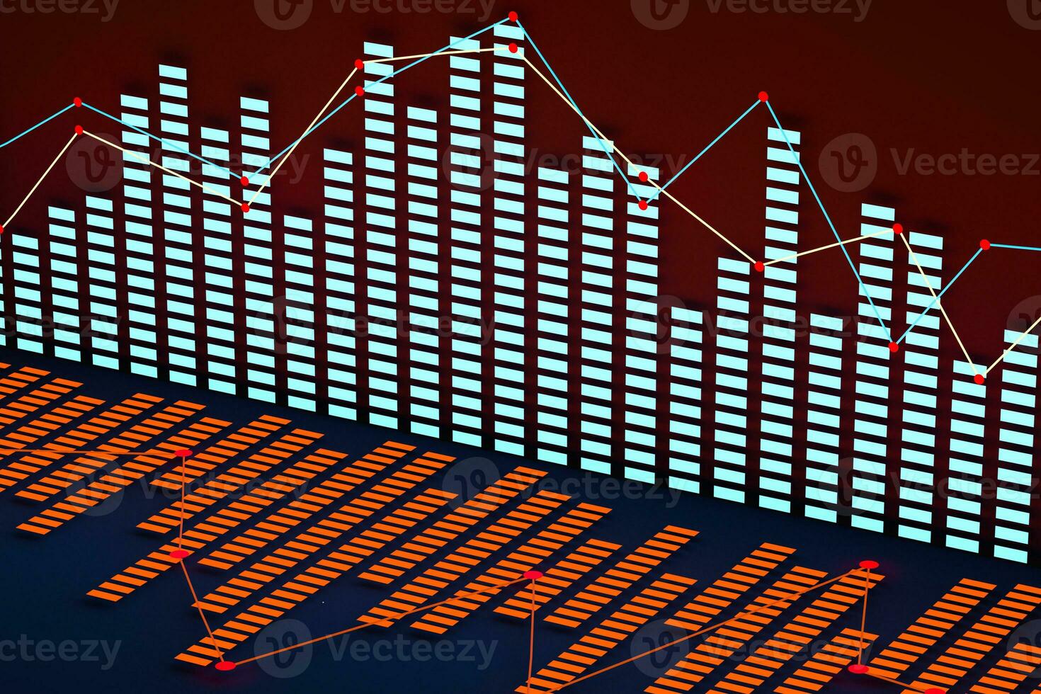 Business chart with line graph, bar chart and numbers on dark background, 3d rendering photo