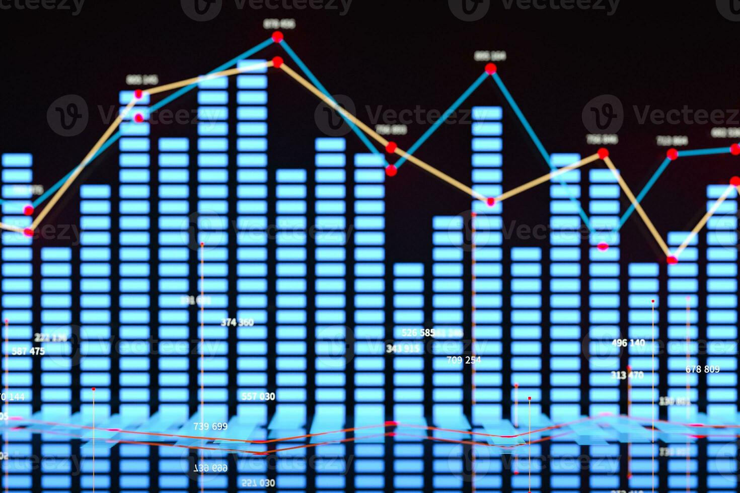 Business chart with line graph, bar chart and numbers on dark background, 3d rendering photo
