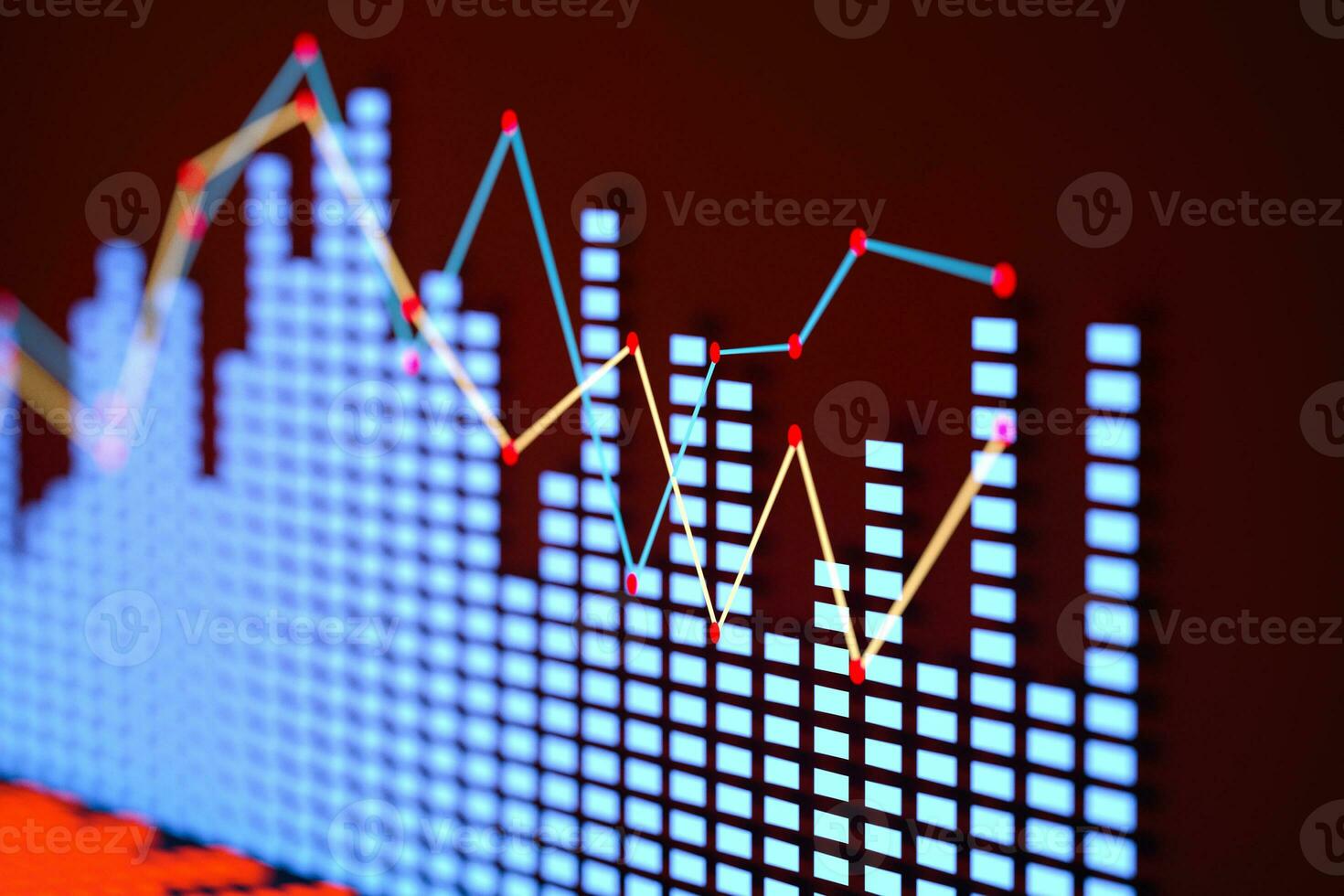 Business chart with line graph, bar chart and numbers on dark background, 3d rendering photo