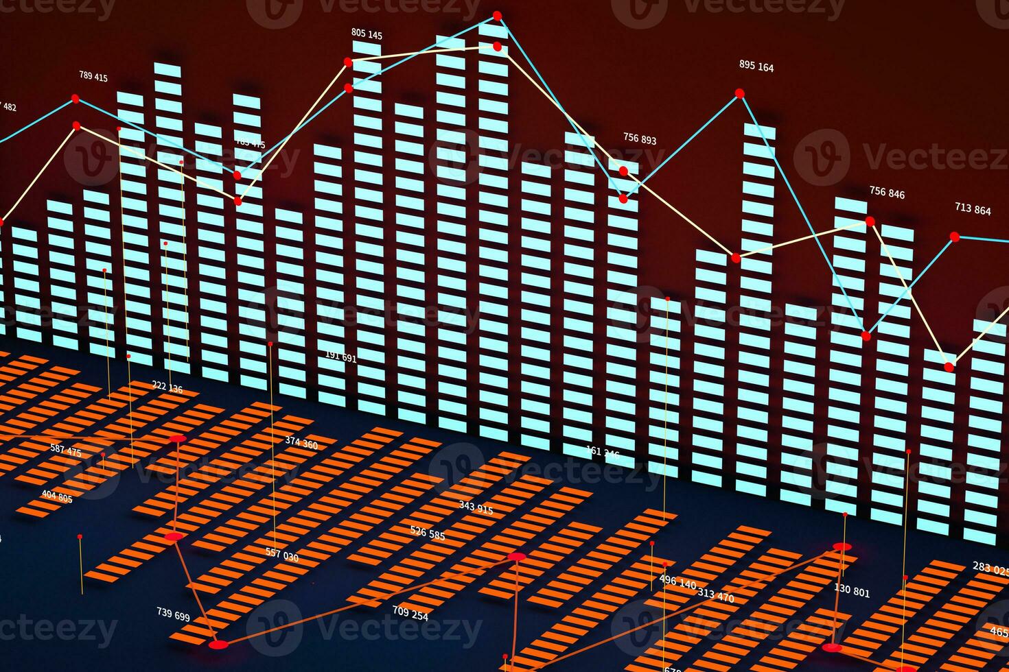 Business chart with line graph, bar chart and numbers on dark background, 3d rendering photo