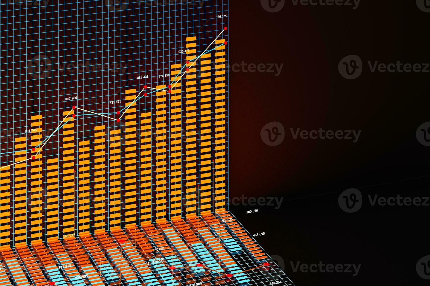 Business chart with line graph, bar chart and numbers on dark background, 3d rendering photo